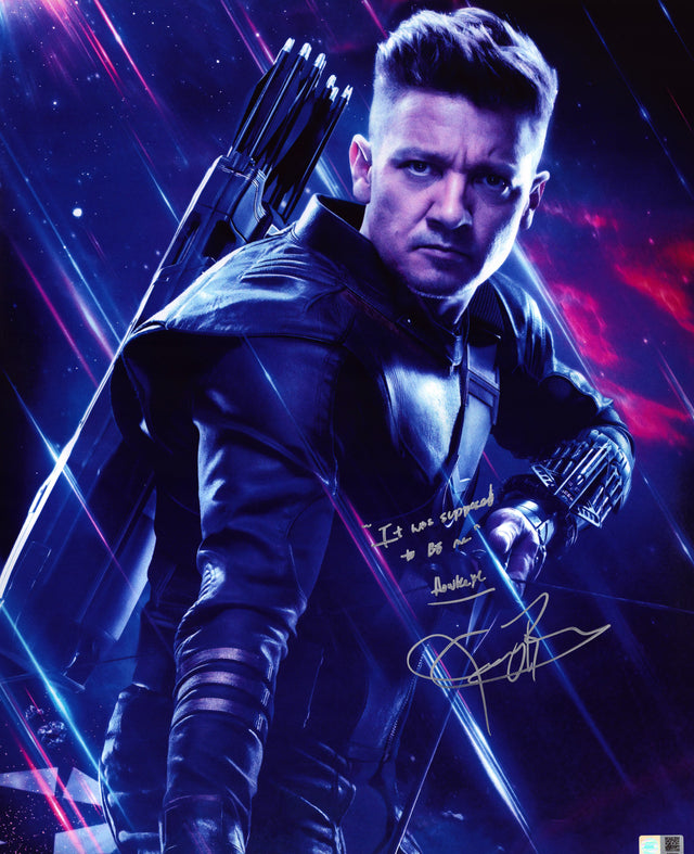 A signed Jeremy Renner Signed - Photos - 16x20 — C - 16x20 Photo with Quote and Character Name
